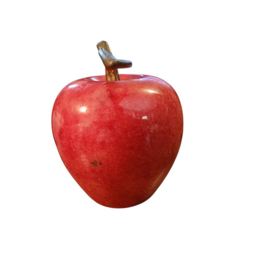Vtg Shiny Red Marble Apple Paperweight Brass‎ Stem and Leaf Teacher Desk Gift 5" - Picture 3 of 5